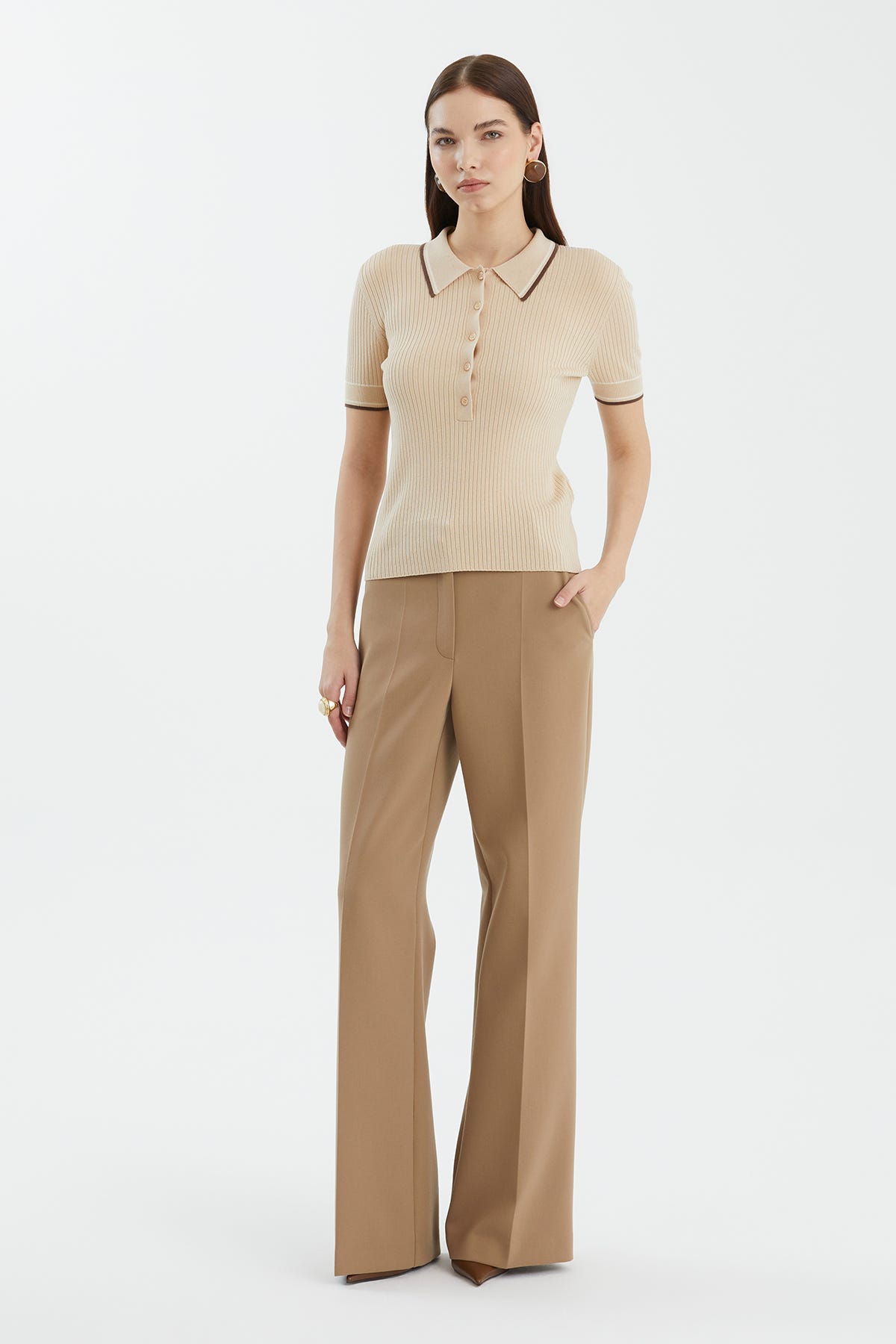 Gömlek Yaka Kısa Kollu Bej Triko