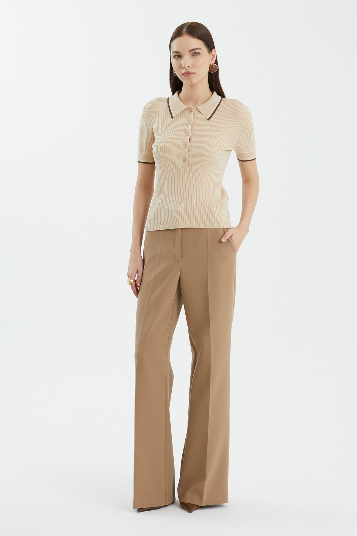 Gömlek Yaka Kısa Kollu Bej Triko