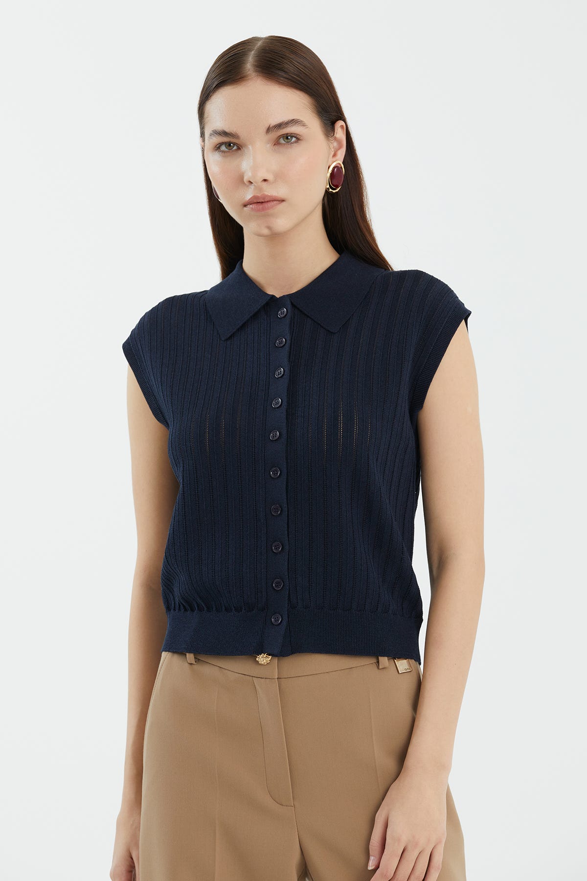 İpek Karışımlı Düşük Kol Mavi Triko