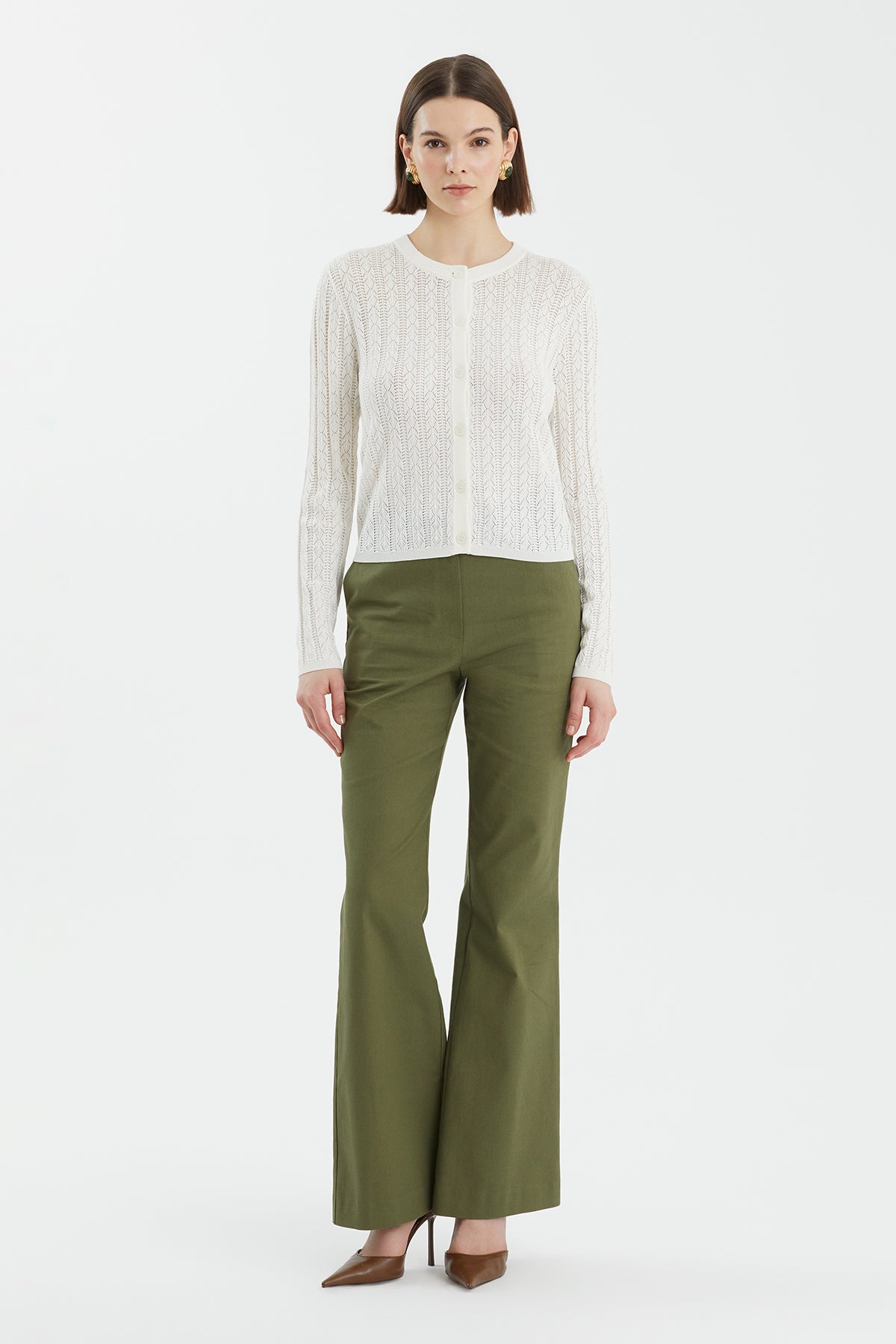 İpek Karışımlı Düğmeli Beyaz Triko