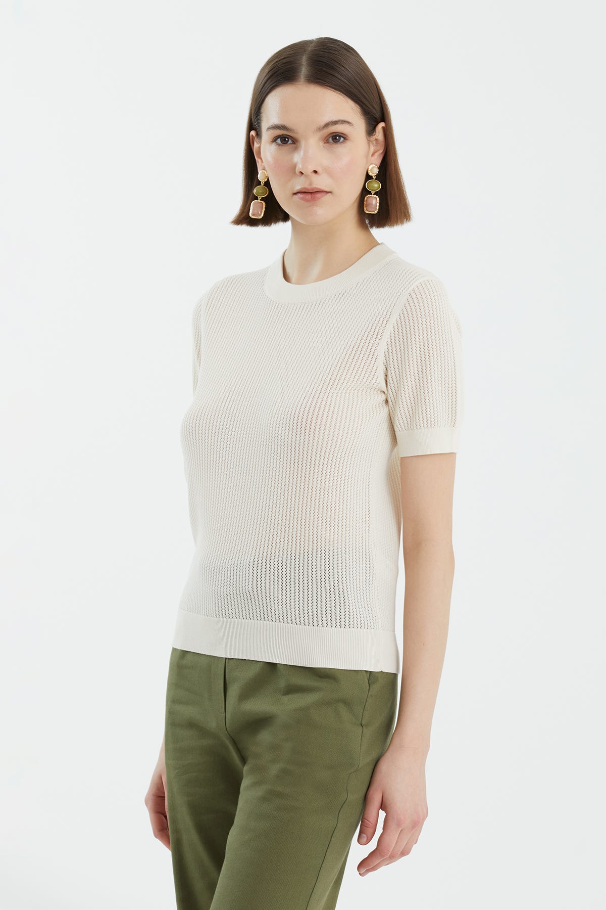 İpek Karışımlı Kısa Kollu Ekru Triko