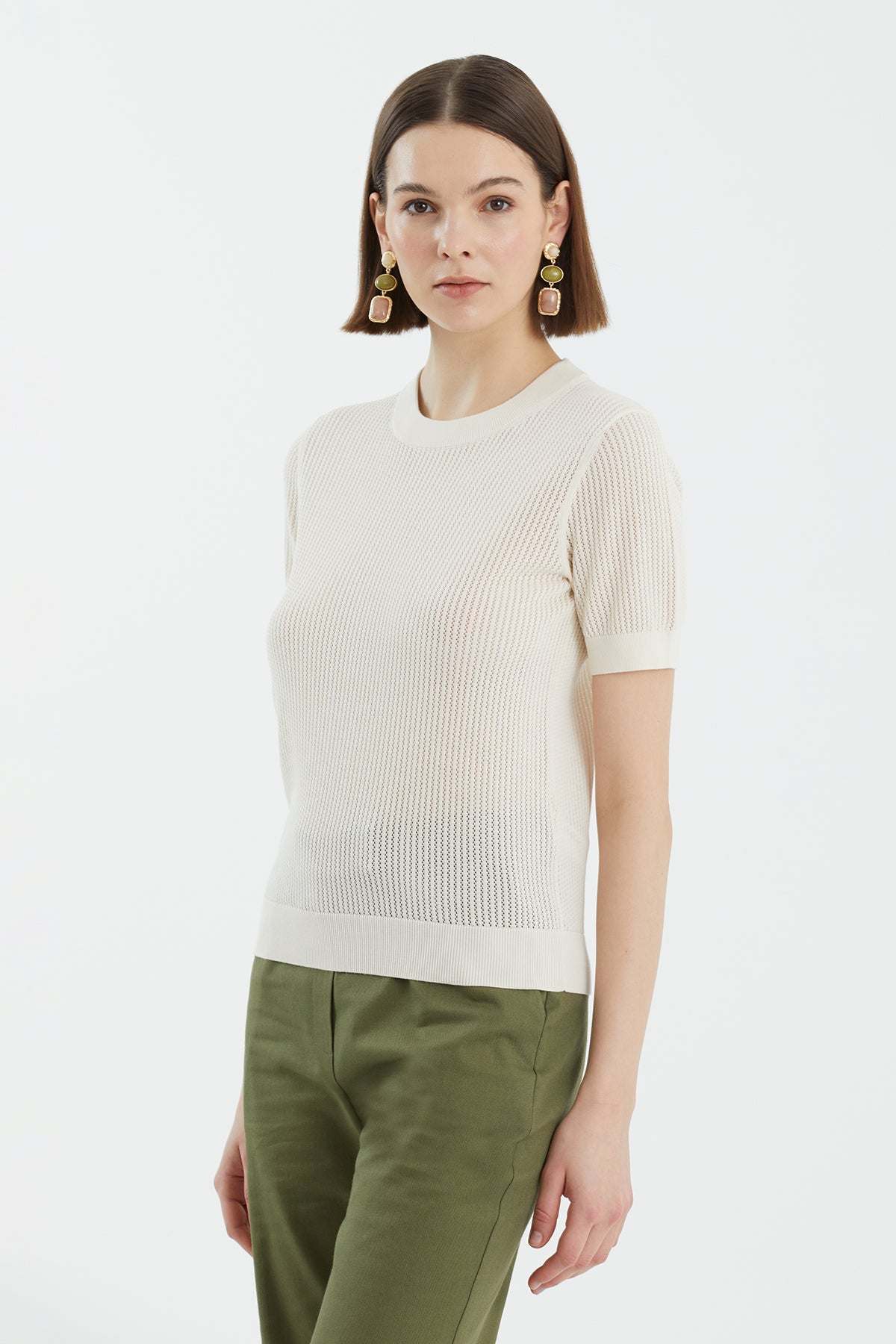 İpek Karışımlı Kısa Kollu Ekru Triko