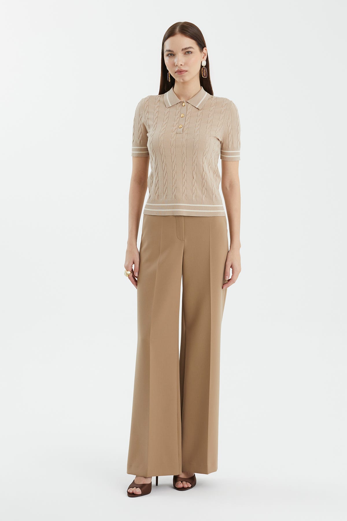 İpek Karışımlı Desenli Bej Triko