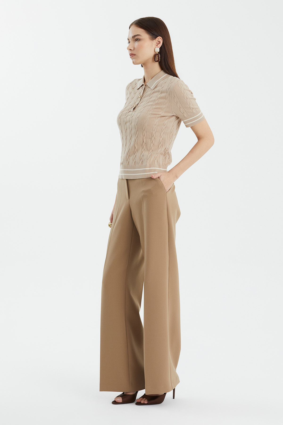 İpek Karışımlı Desenli Bej Triko