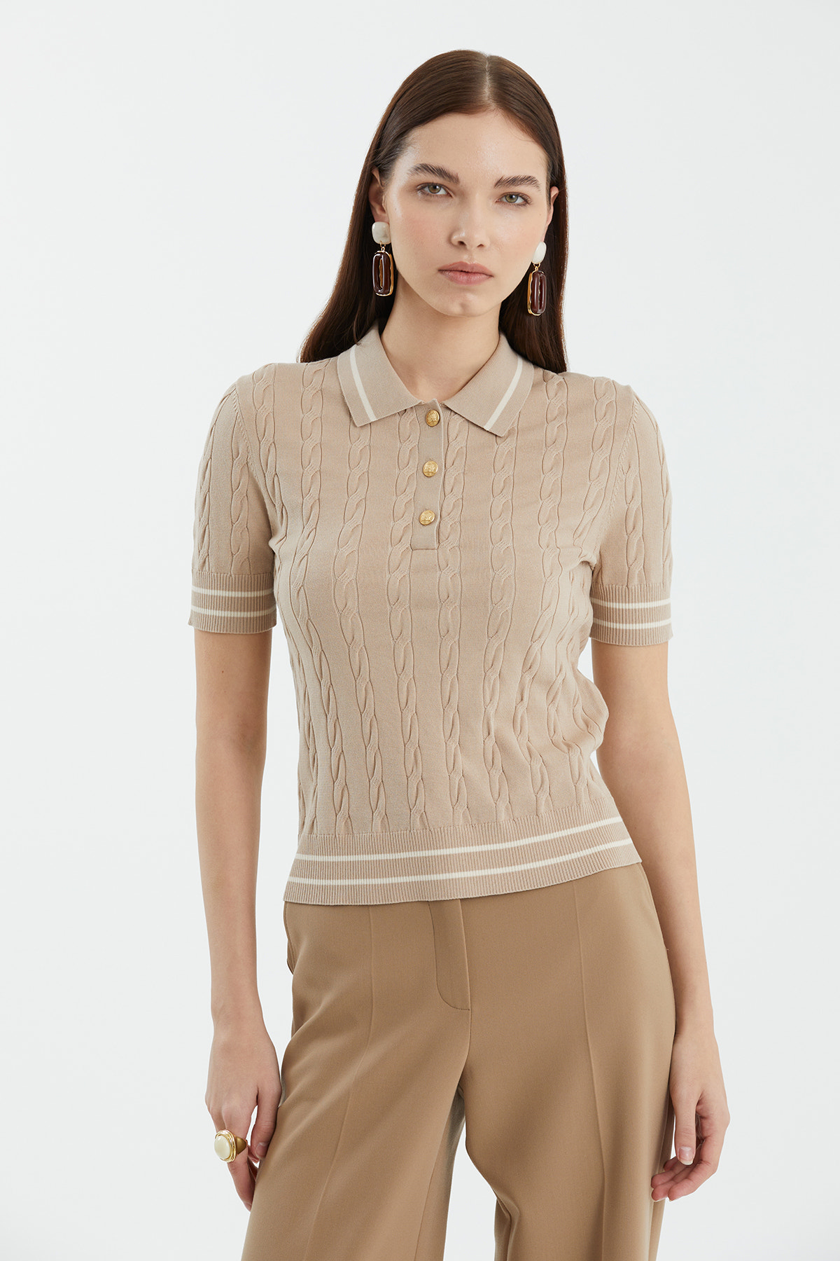 İpek Karışımlı Desenli Bej Triko