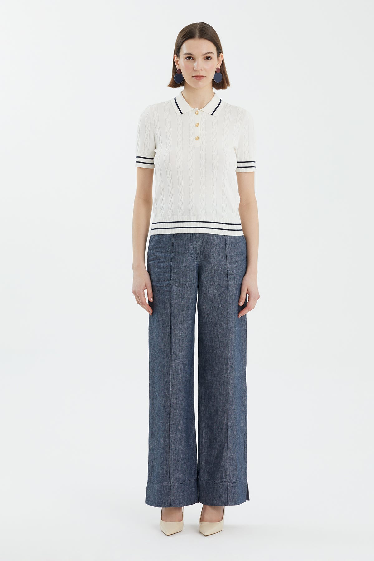 İpek Karışımlı Desenli Beyaz Triko