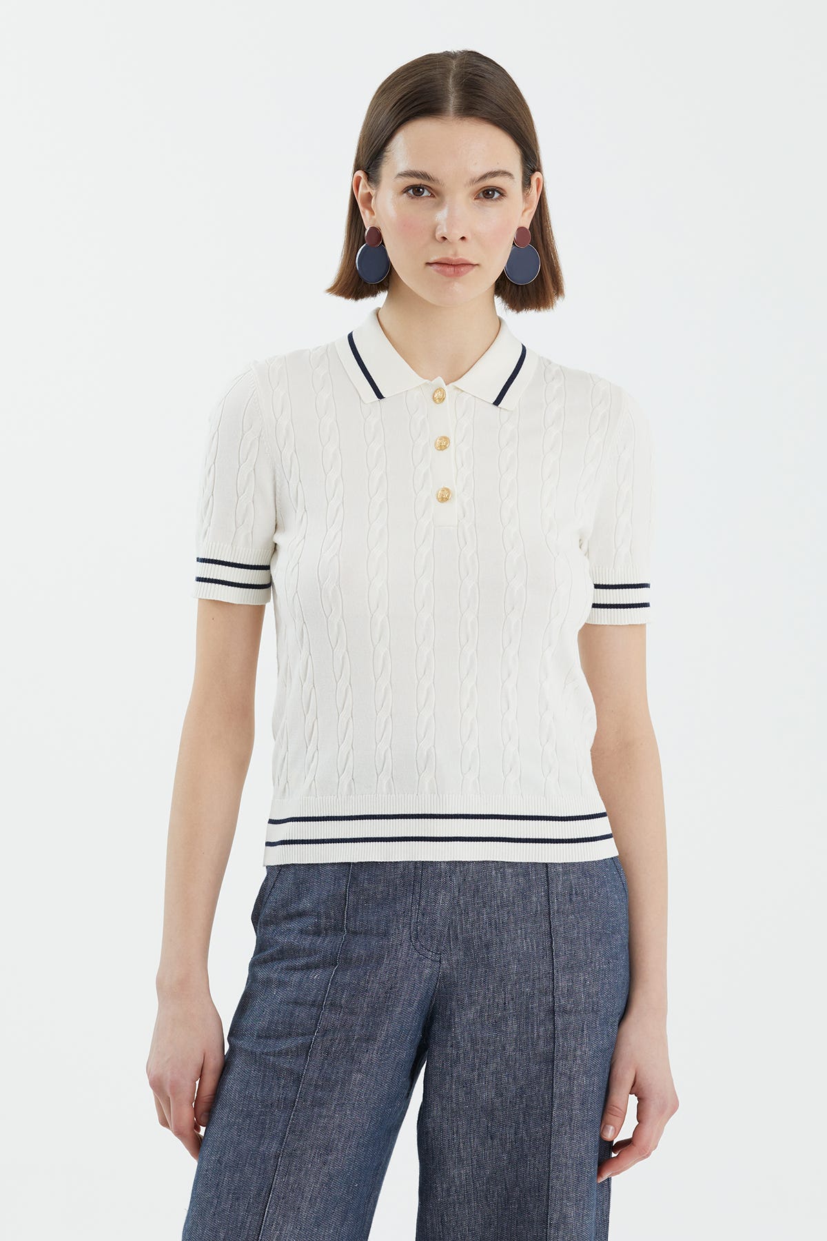 İpek Karışımlı Desenli Beyaz Triko