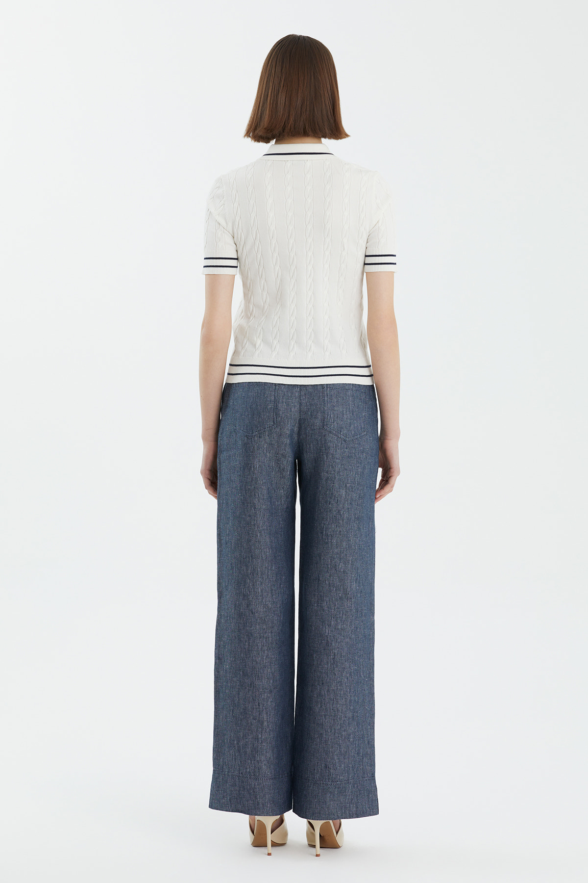 İpek Karışımlı Desenli Beyaz Triko