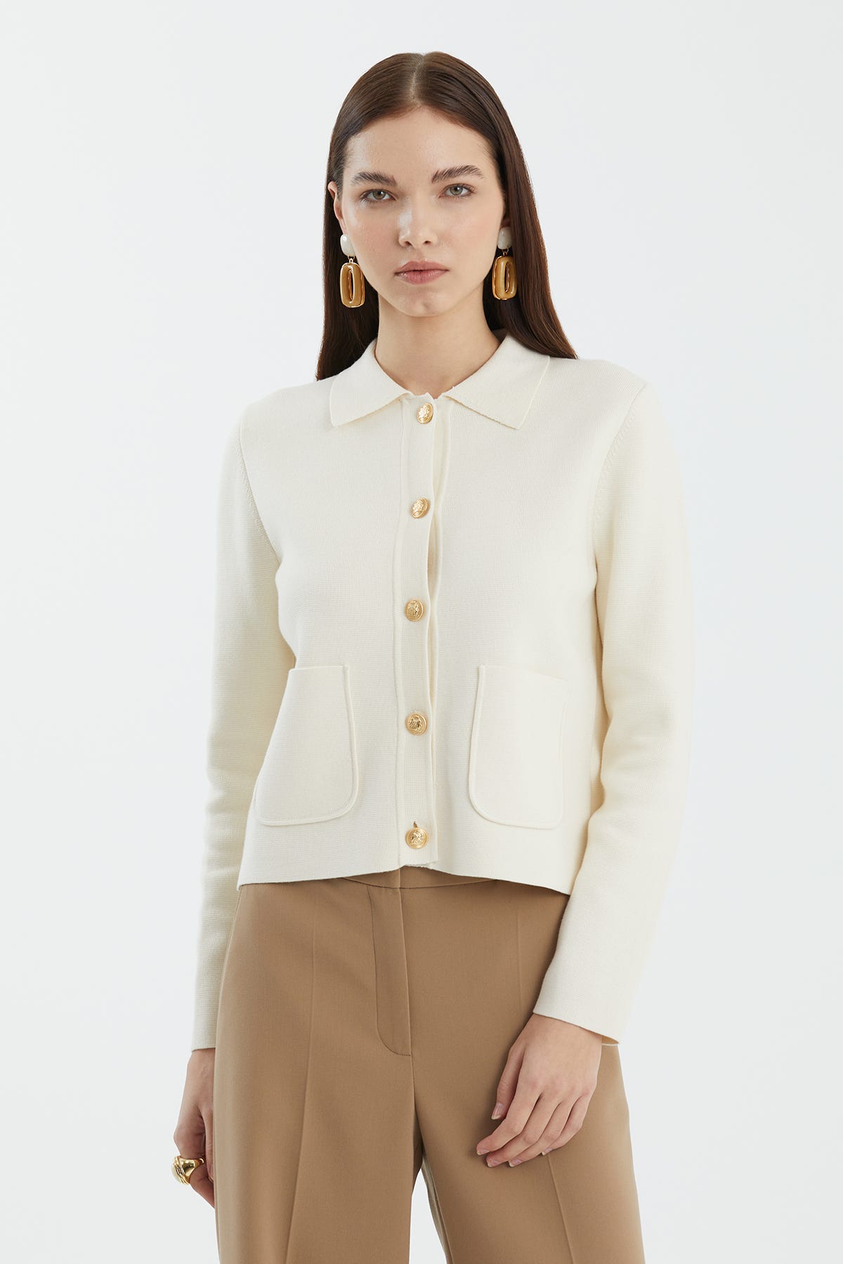 Düğmeli Polo Yaka Beyaz Triko