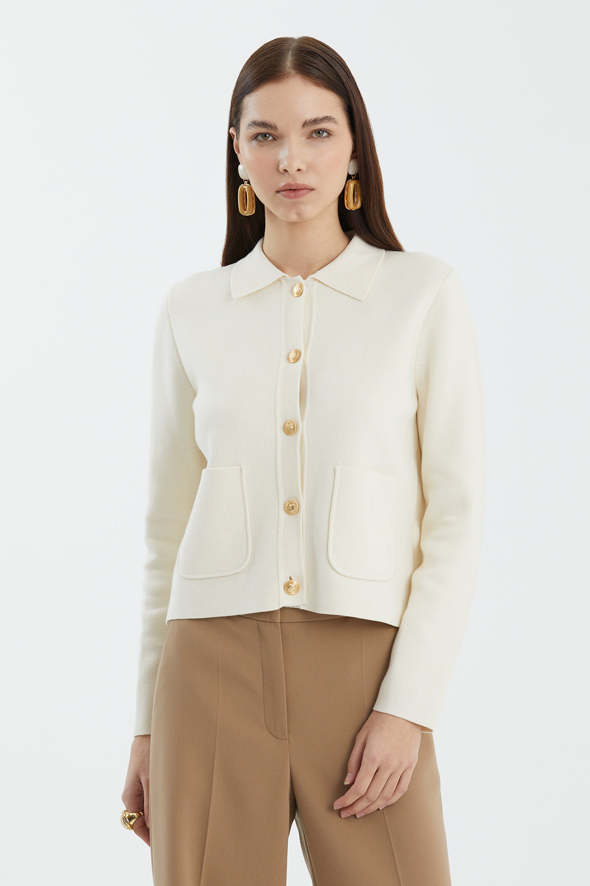 Düğmeli Polo Yaka Beyaz Triko