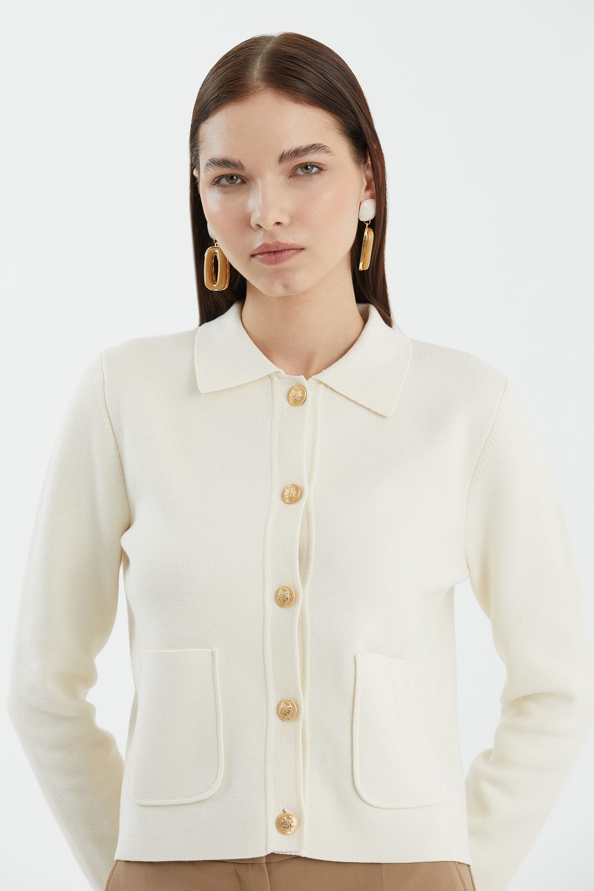 Düğmeli Polo Yaka Beyaz Triko