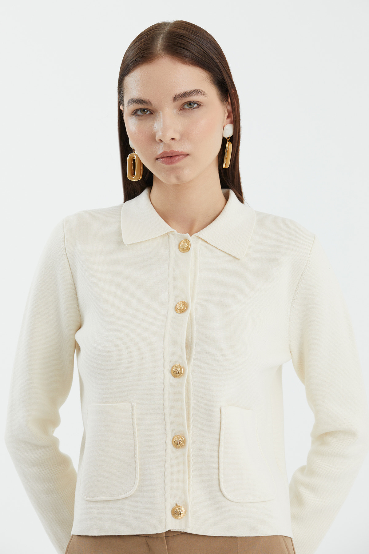 Düğmeli Polo Yaka Beyaz Triko