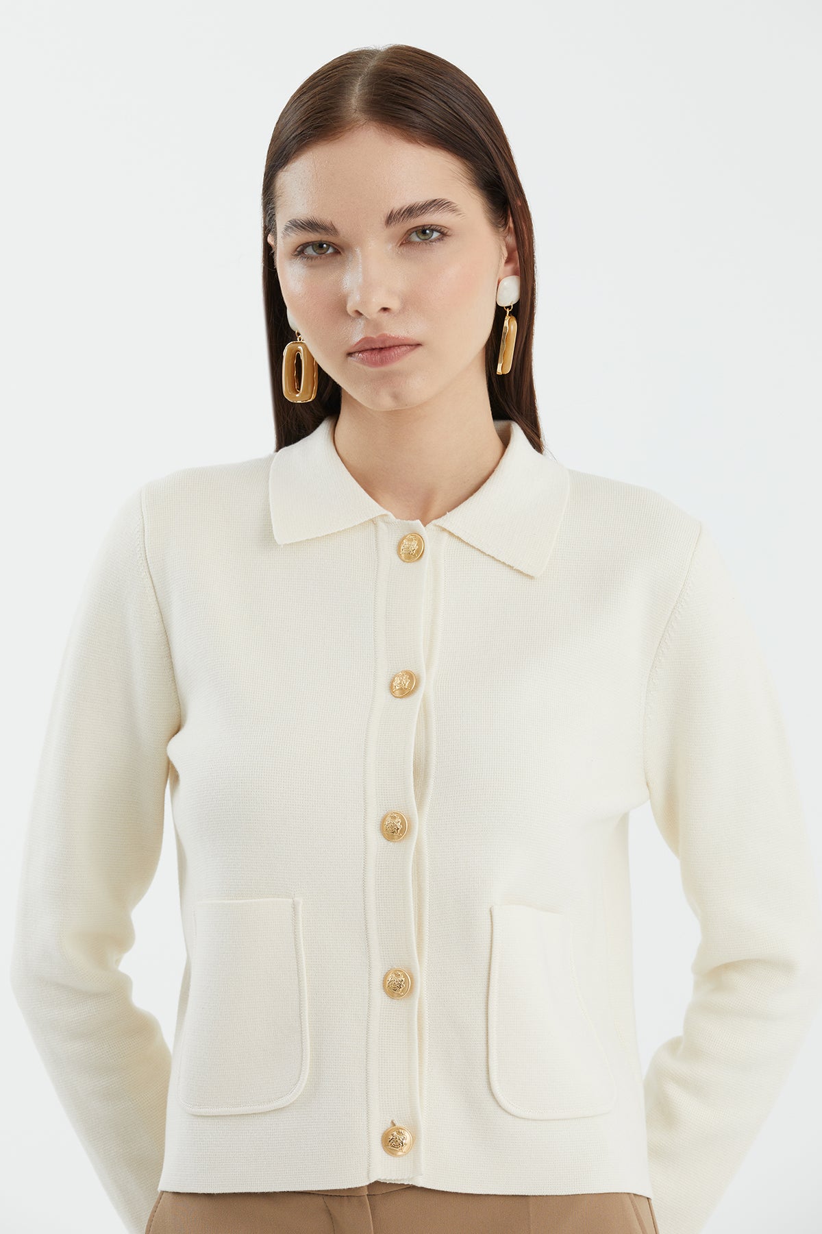 Düğmeli Polo Yaka Beyaz Triko