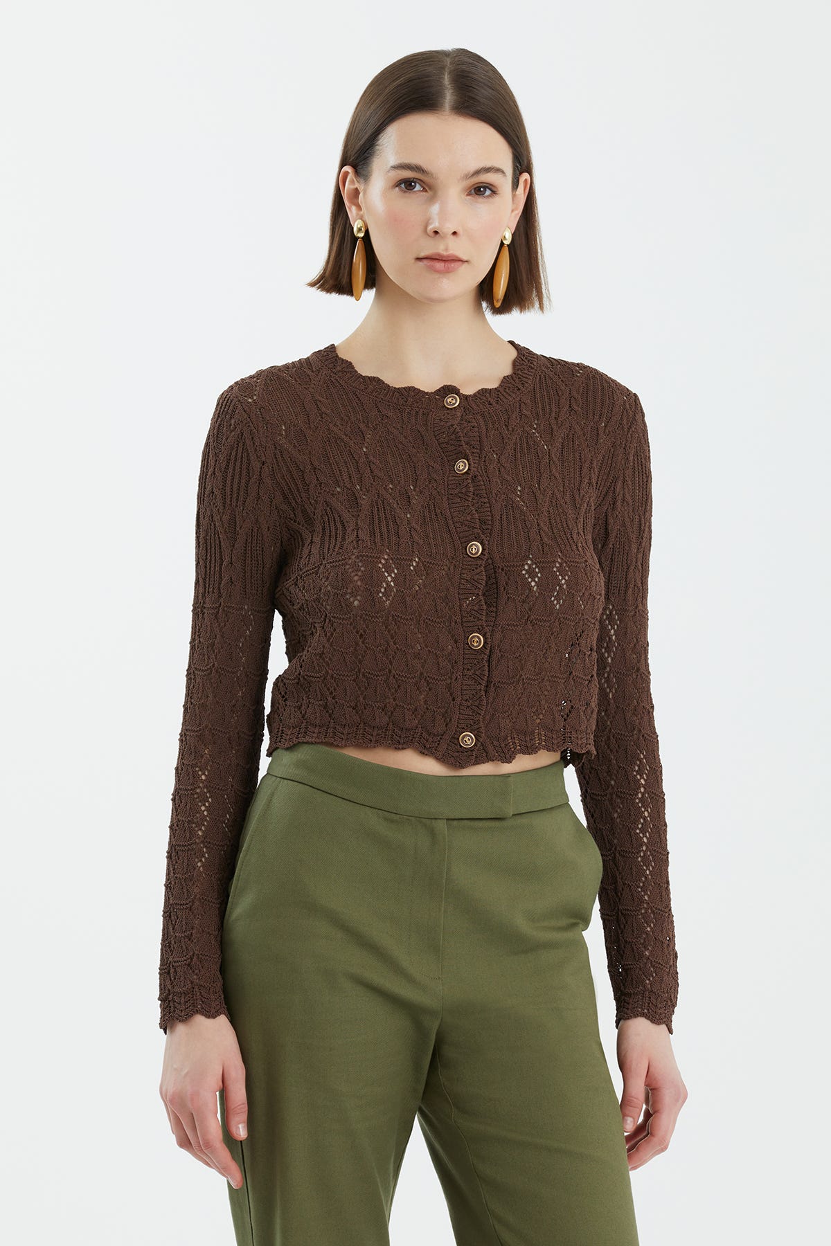 Desenli Düğmeli Kahverengi Triko