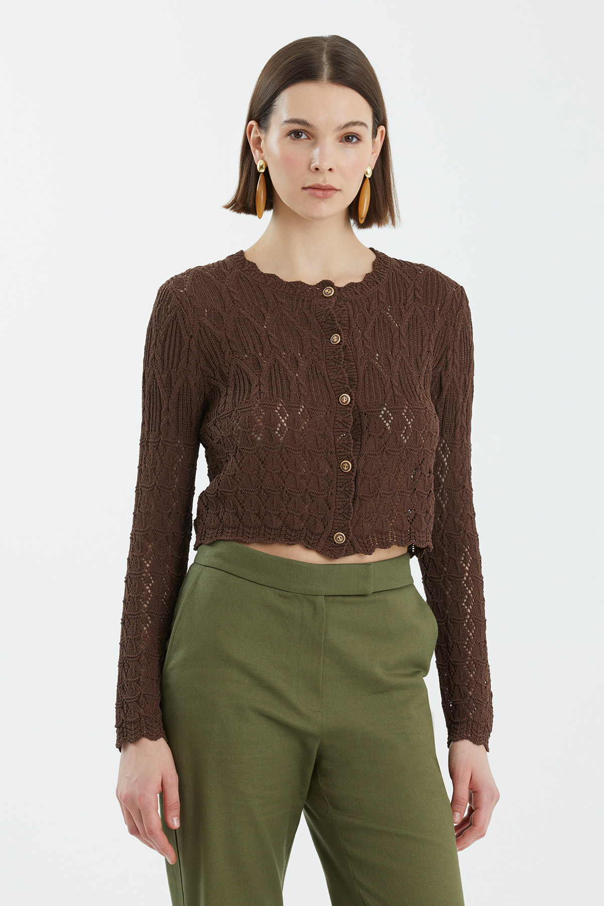 Desenli Düğmeli Kahverengi Triko