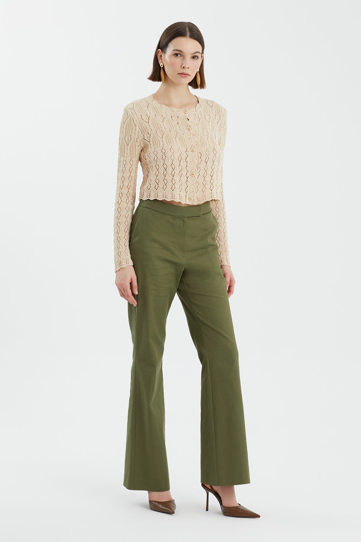 Desenli Düğmeli Bej Triko