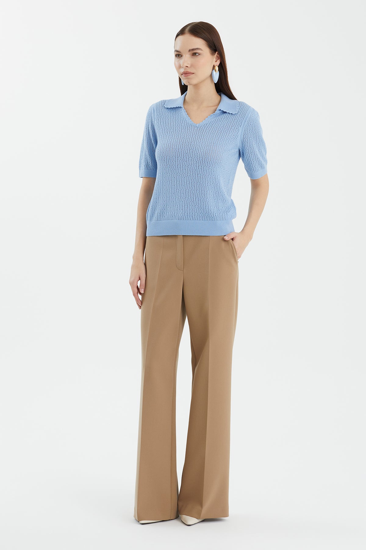 Yün Karışımlı Polo Yaka Mavi Triko