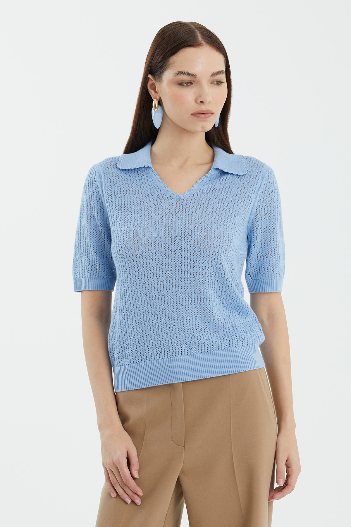 Yün Karışımlı Polo Yaka Mavi Triko