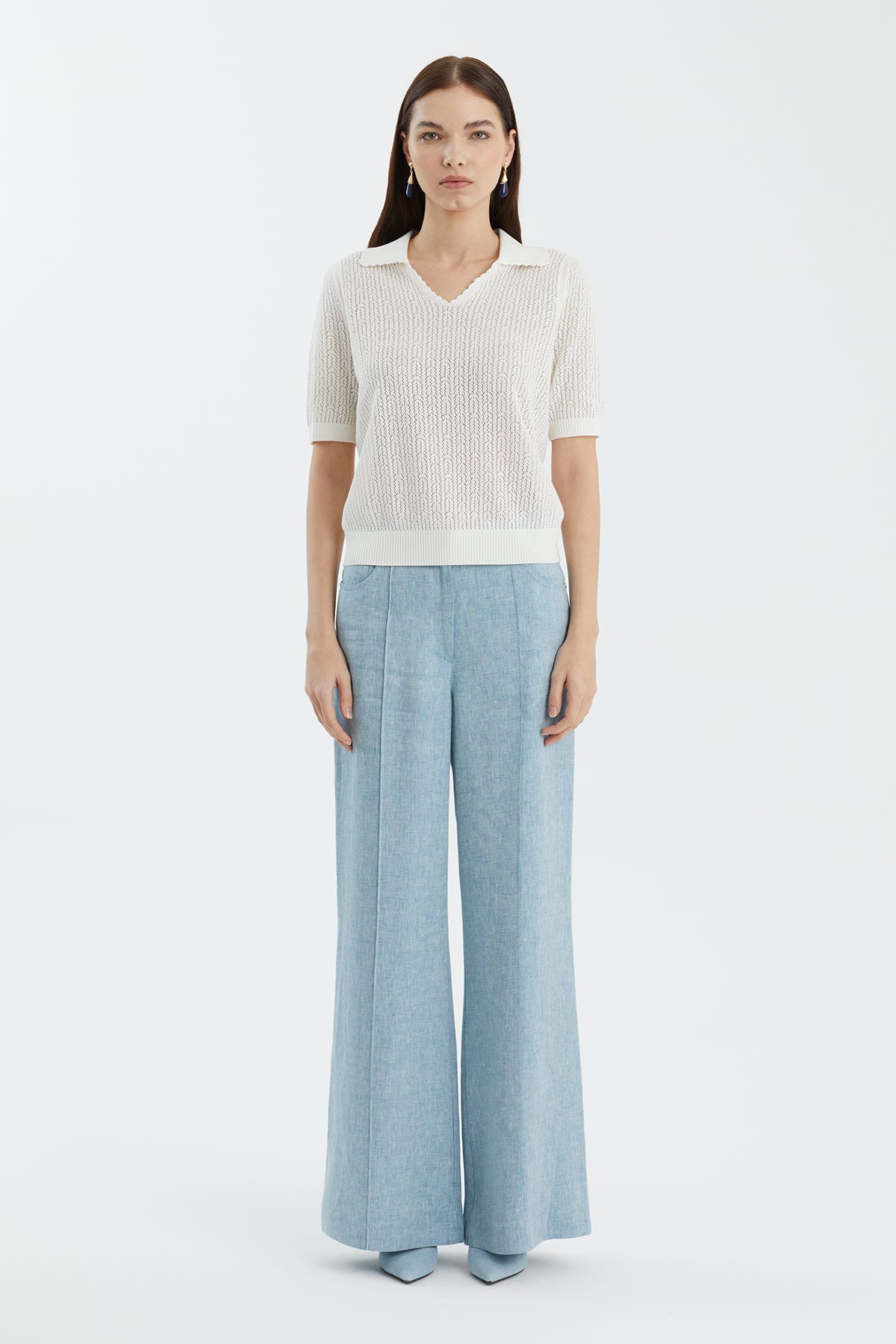 Yün Karışımlı Polo Yaka Beyaz Triko