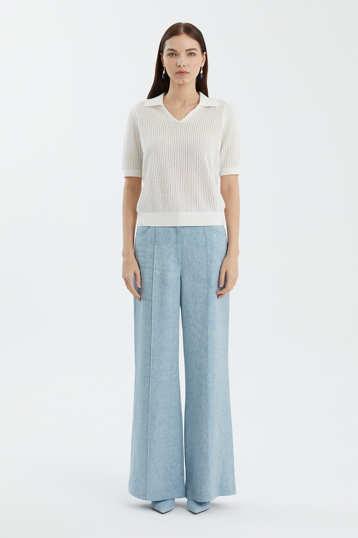 Yün Karışımlı Polo Yaka Beyaz Triko