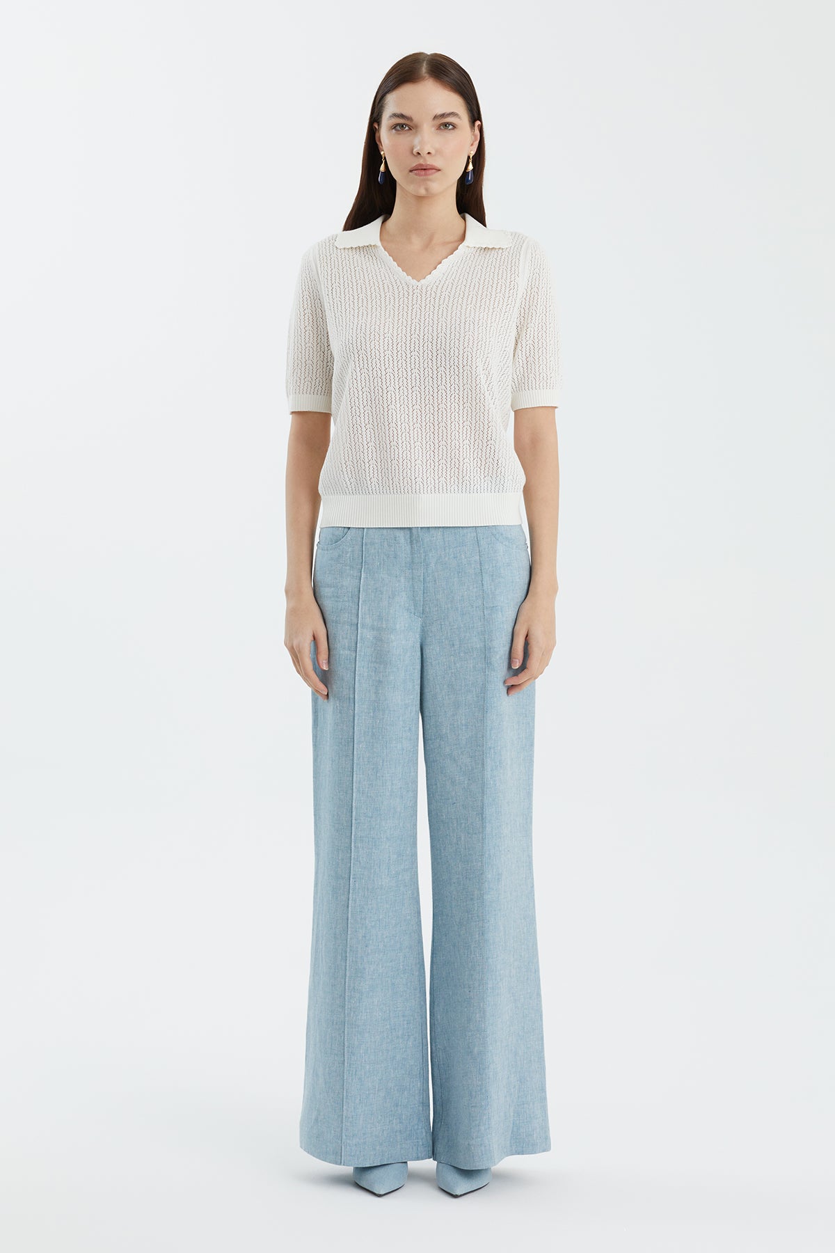 Yün Karışımlı Polo Yaka Beyaz Triko