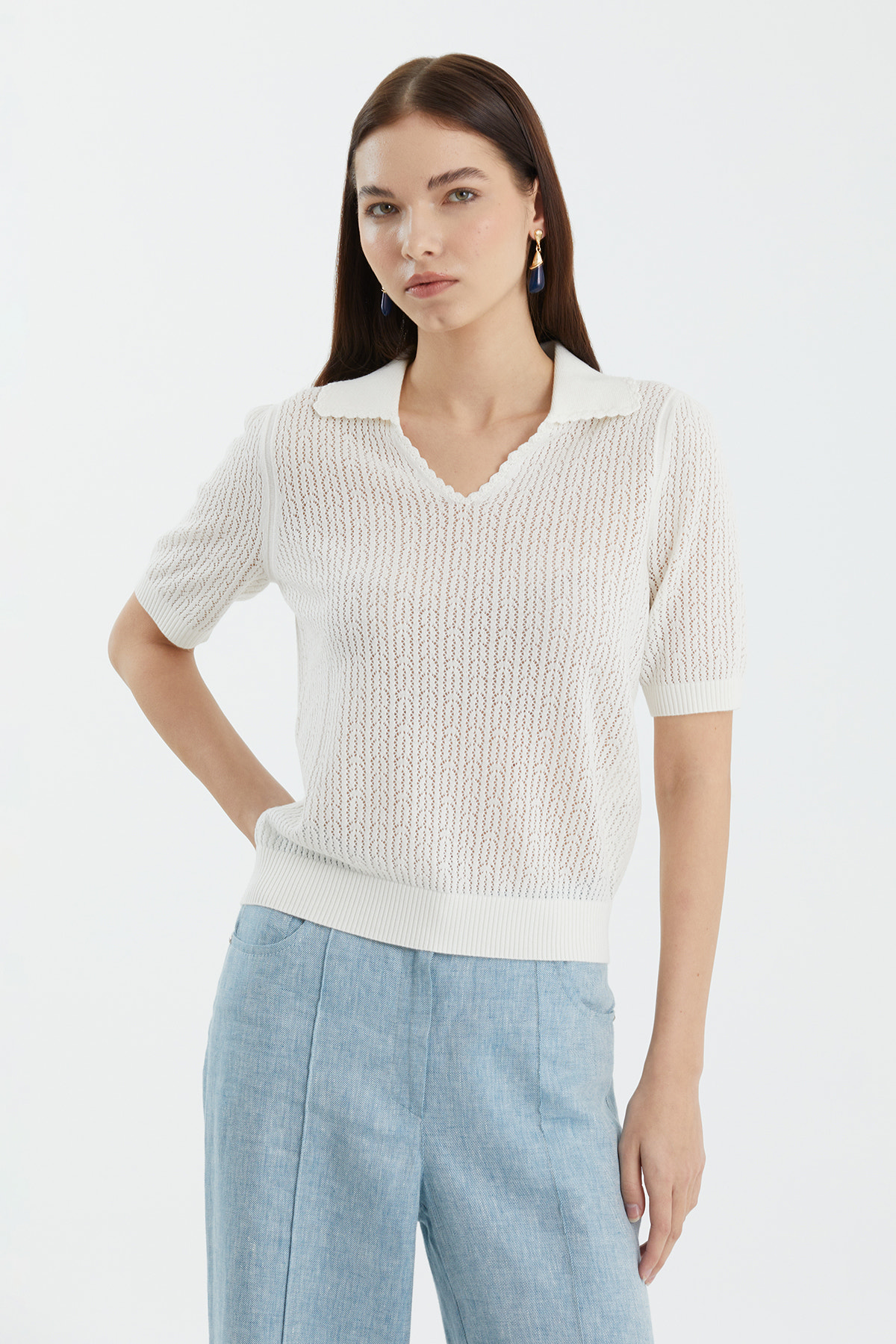 Yün Karışımlı Polo Yaka Beyaz Triko