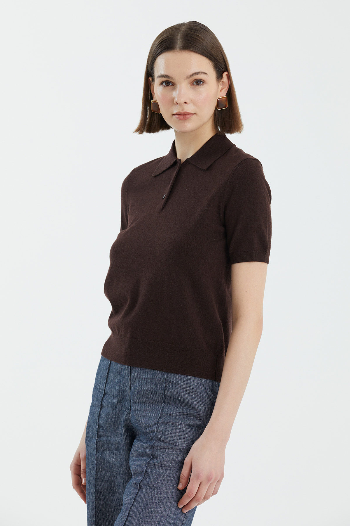 Polo Yaka %100 Yün Kahverengi Triko