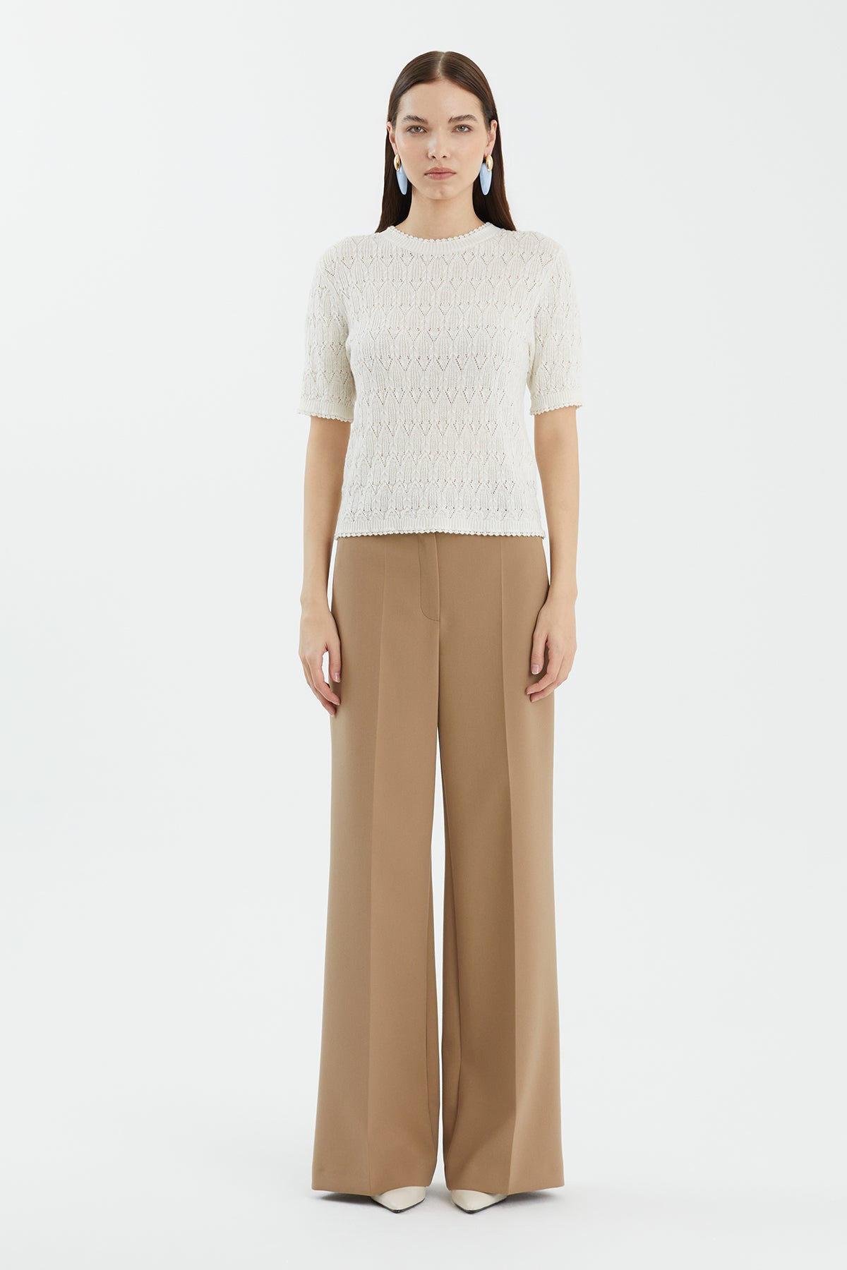 Yün Karışımlı Kısa Kollu Beyaz Triko