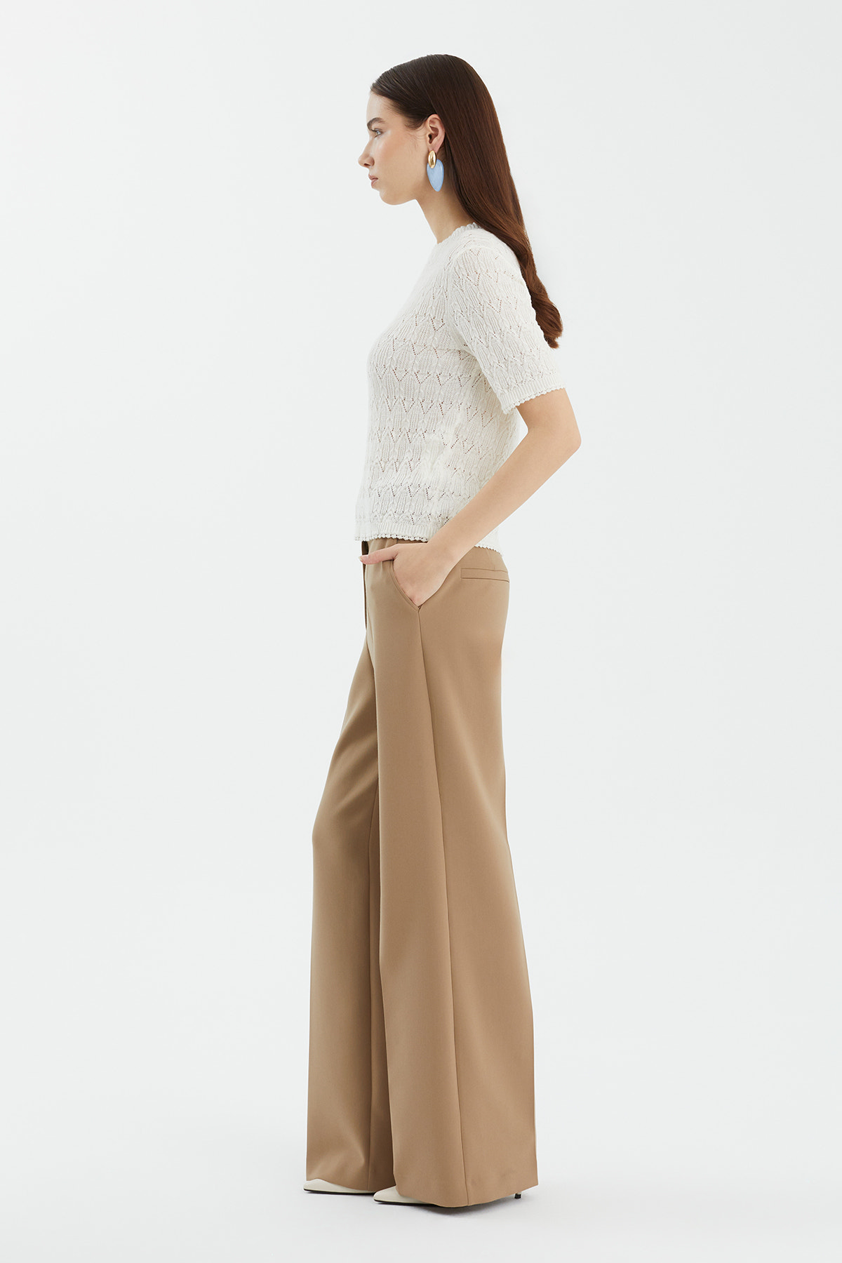 Yün Karışımlı Kısa Kollu Beyaz Triko