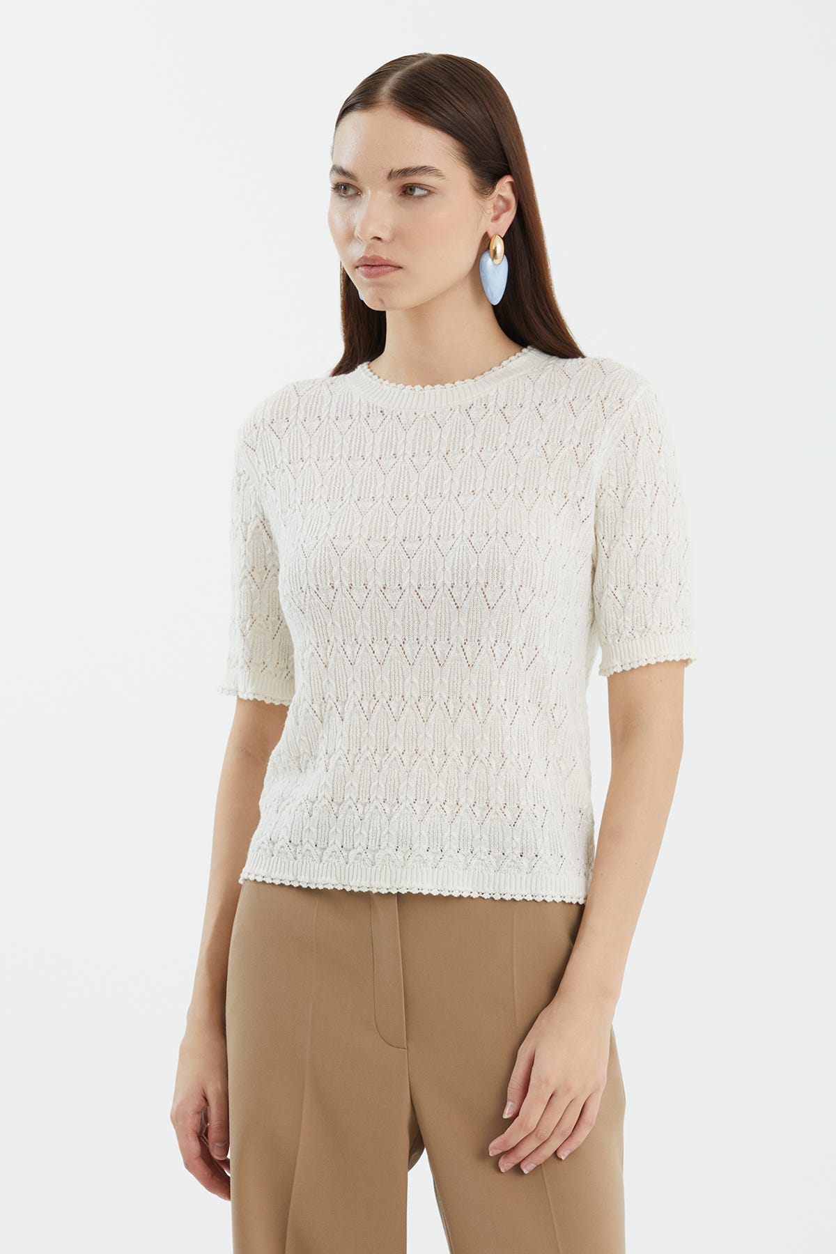 Yün Karışımlı Kısa Kollu Beyaz Triko