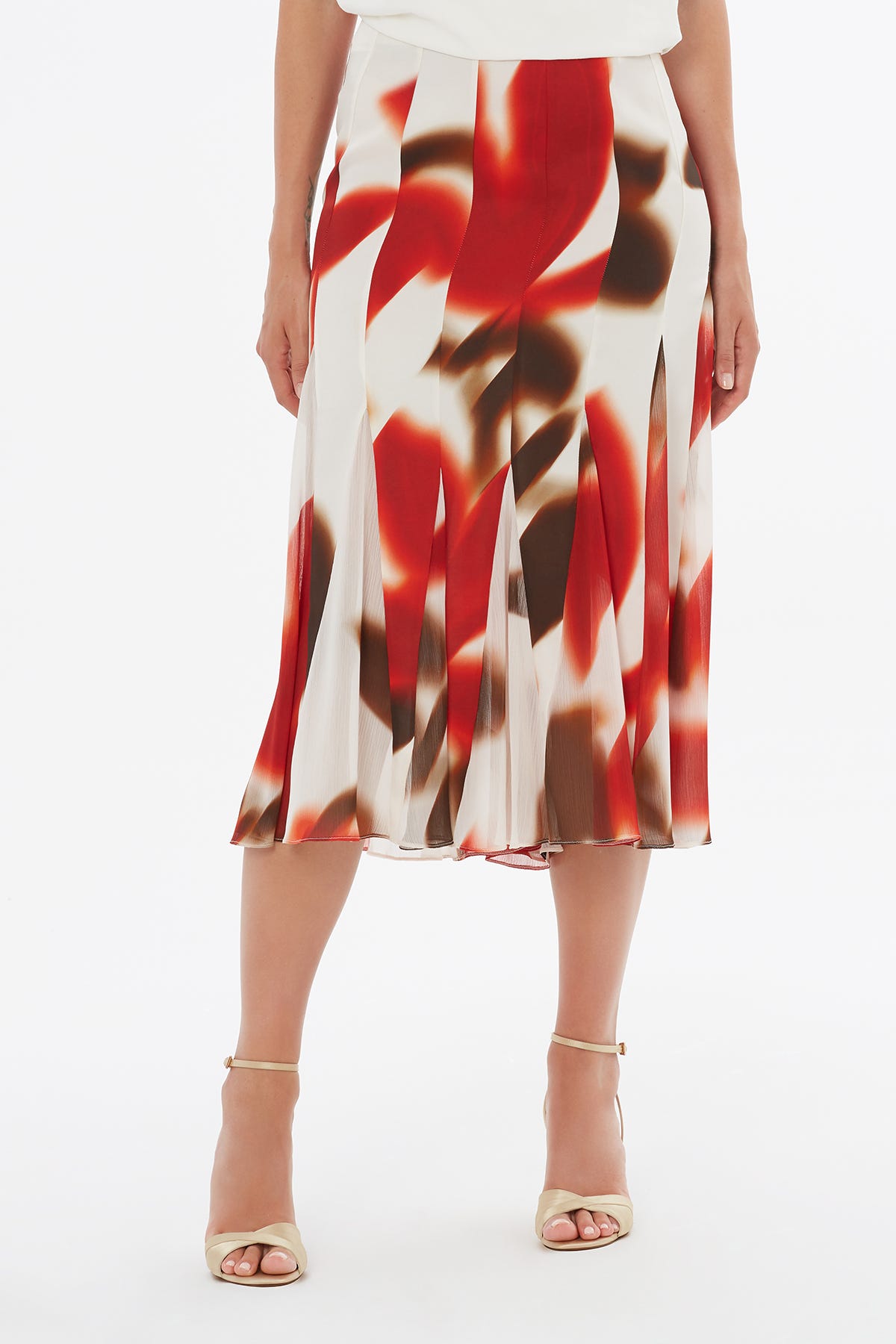 Volanlı Karışık Desenli Midi Etek