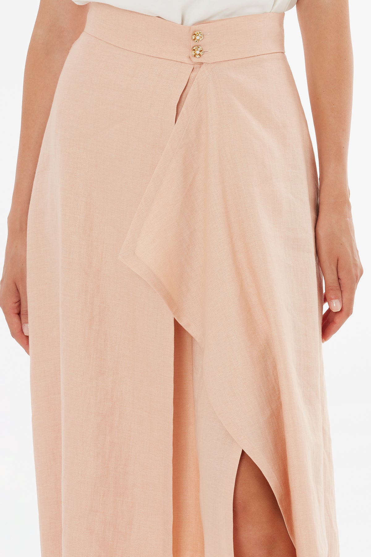 Düğme Kapamalı Godeli Pembe Etek