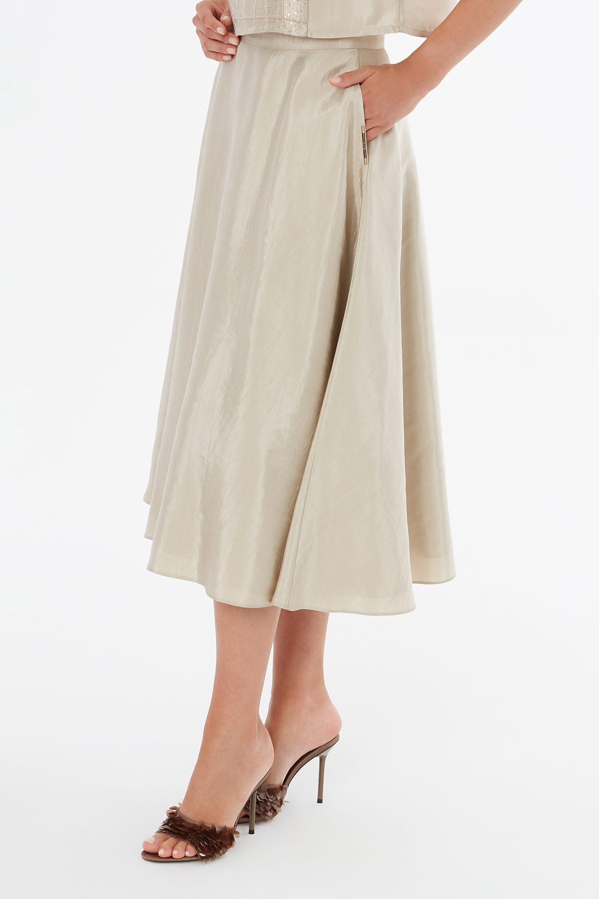 Fermuar Kapamalı Midi Bej Etek