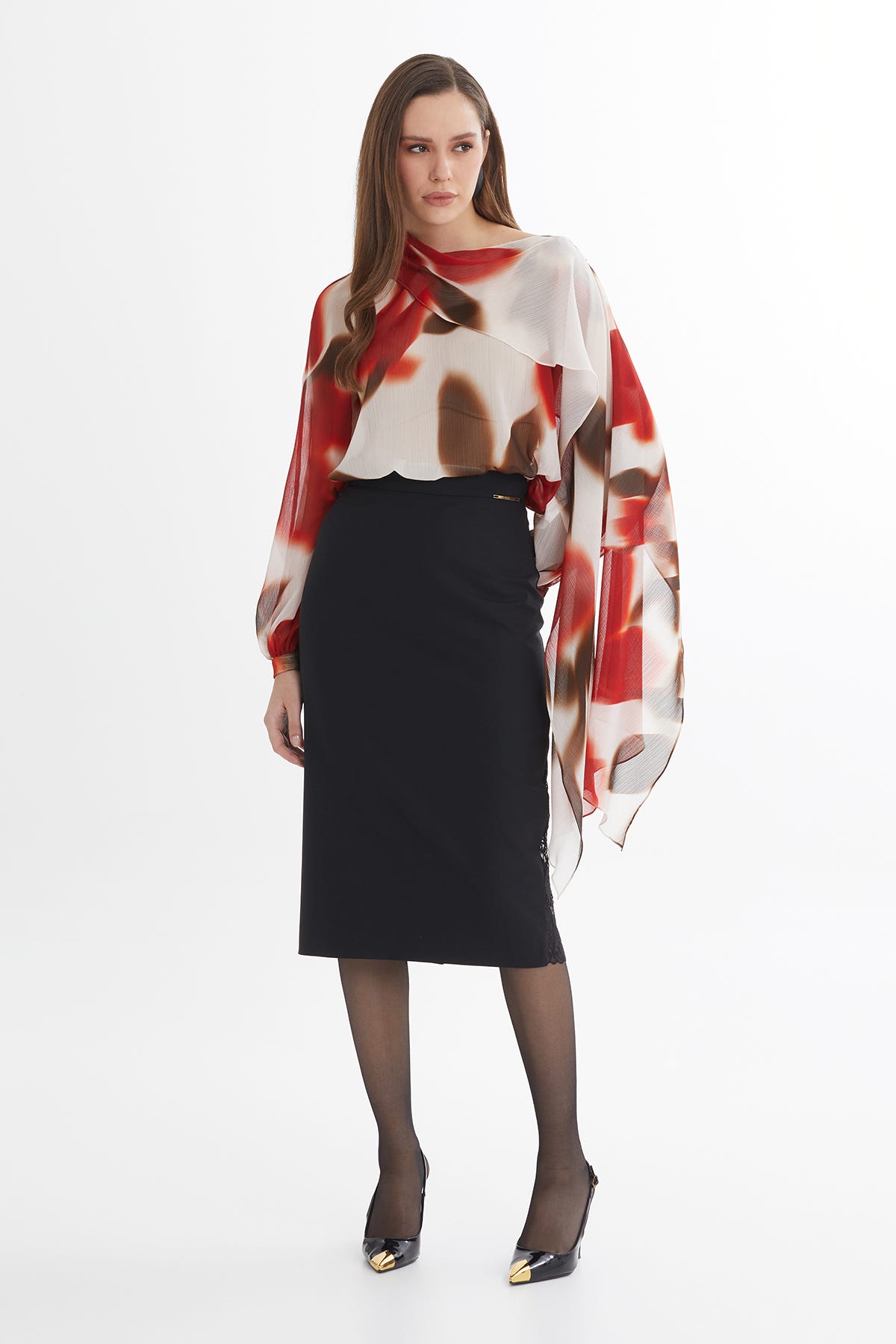 Dantel Detaylı Yün Karışımlı Midi Siyah Etek