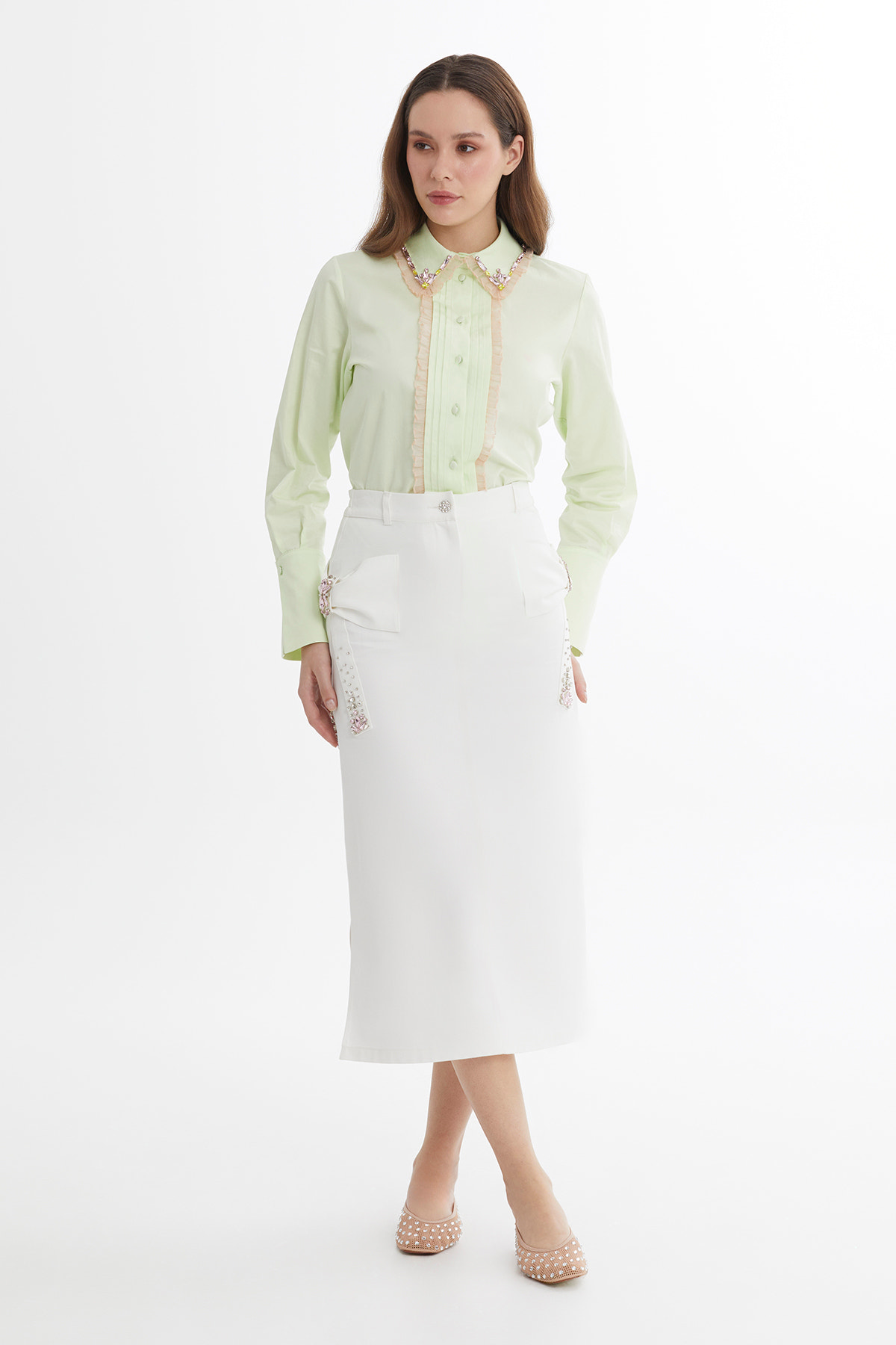 Fiyonk Detaylı İşlemeli Ekru Midi Etek