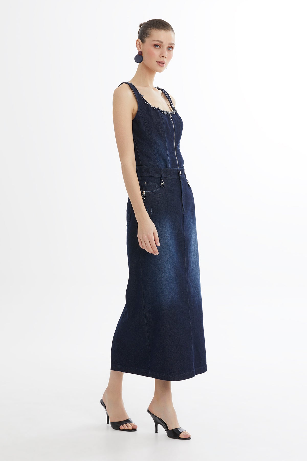 İşleme Detaylı Jean Kalem Etek