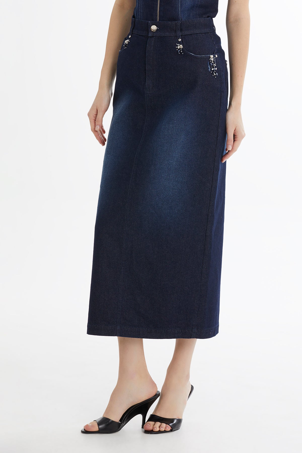 İşleme Detaylı Jean Kalem Etek
