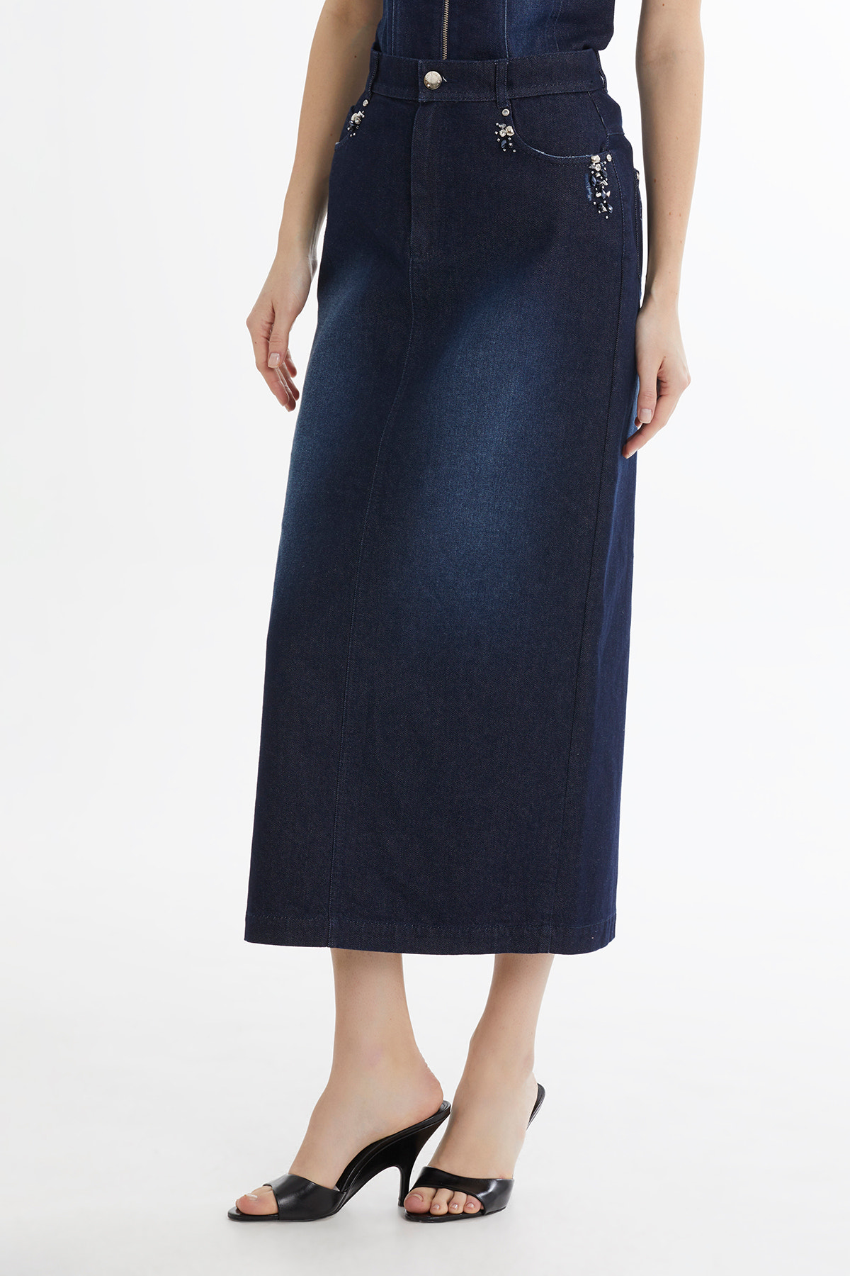 İşleme Detaylı Denim Kalem Etek
