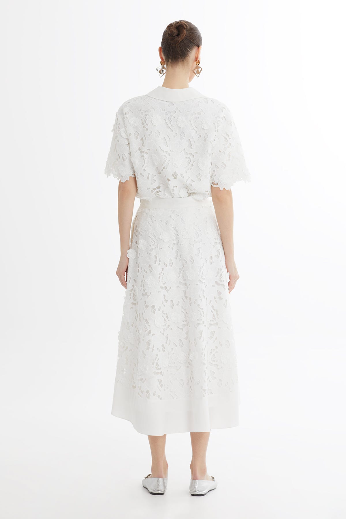 Desenli Volanlı Beyaz Midi Etek