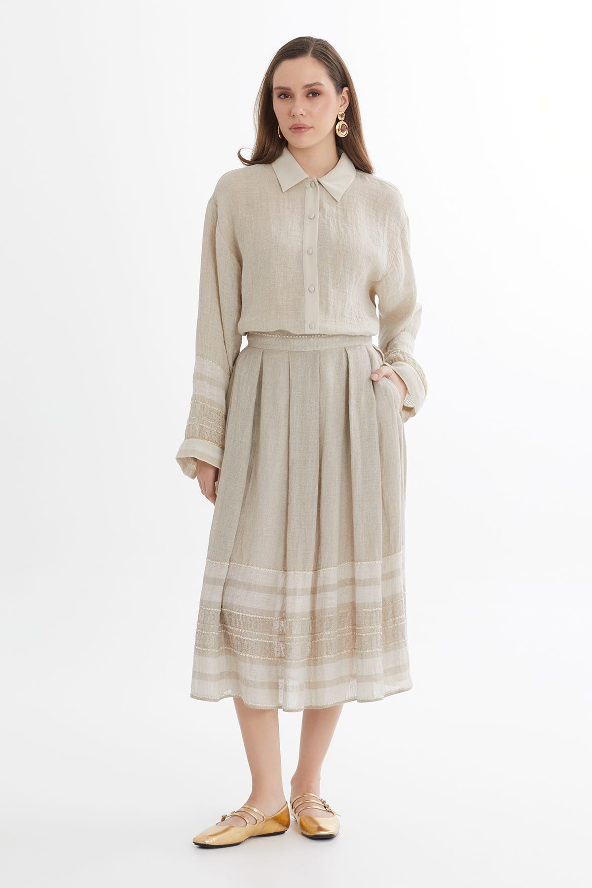 Çizgi Desenli Midi Bej Etek