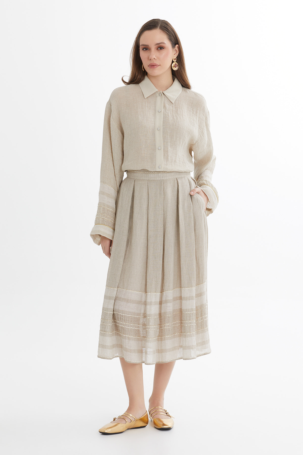 Çizgi Desenli Midi Bej Etek