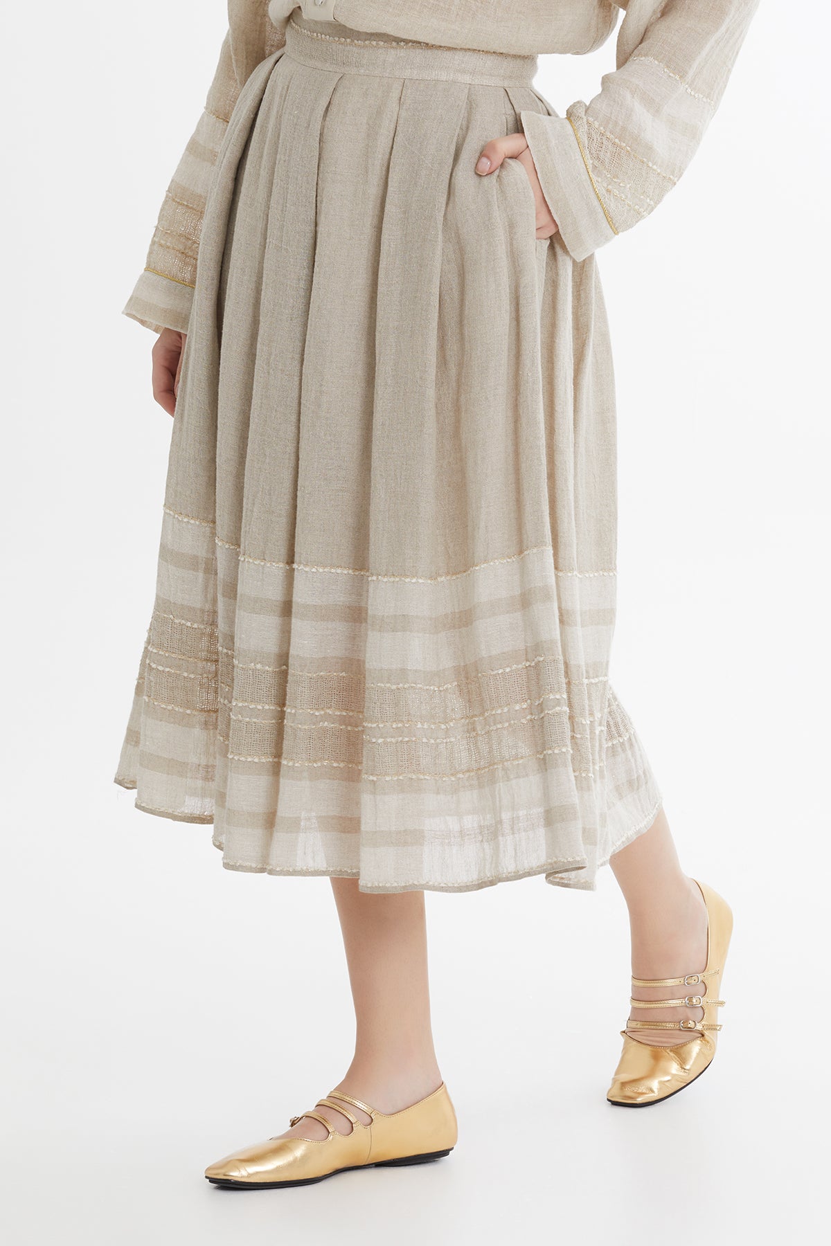 Çizgi Desenli Midi Bej Etek