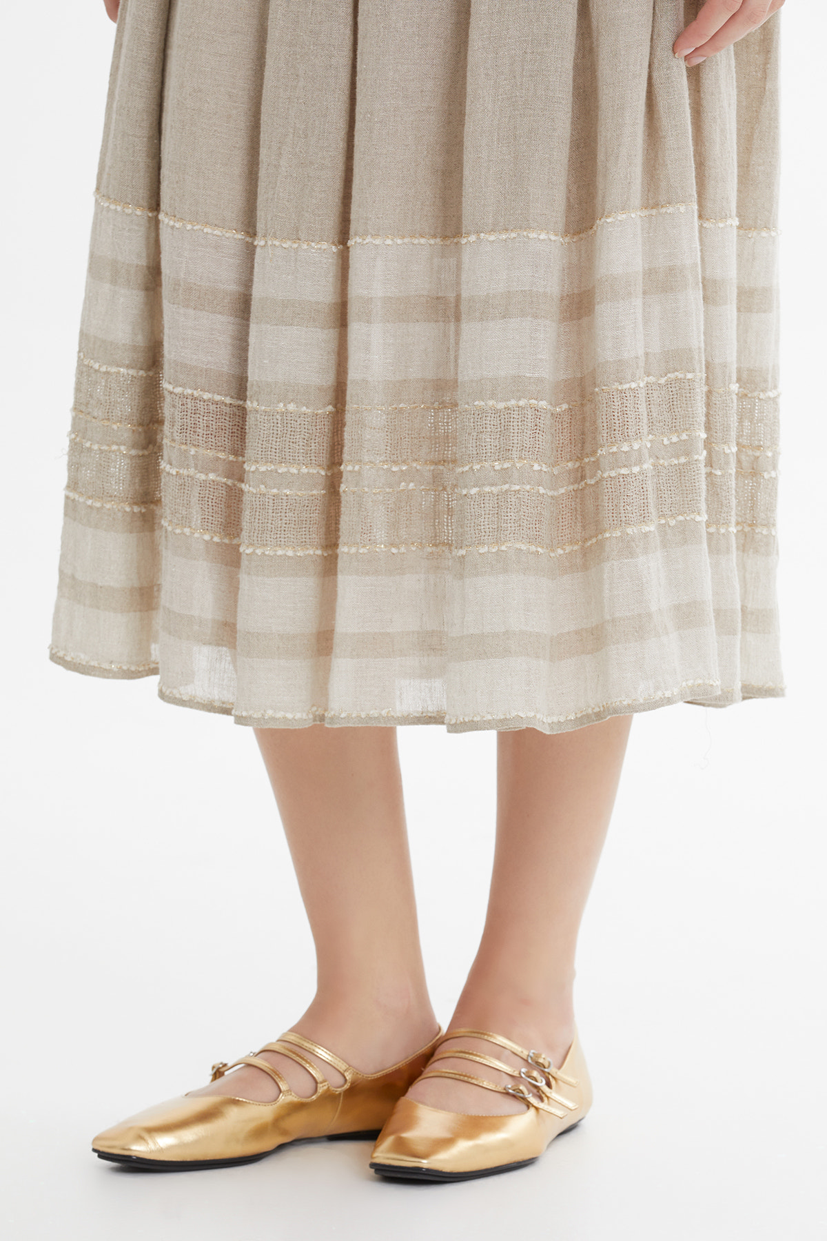 Çizgi Desenli Midi Bej Etek