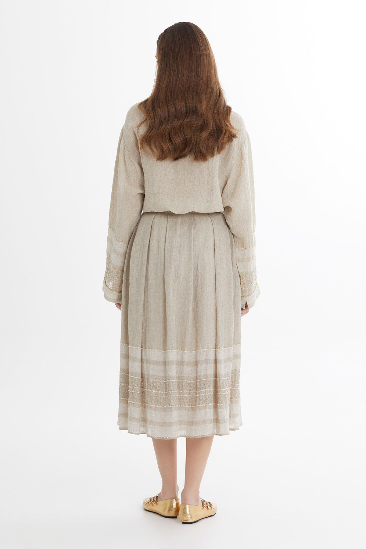 Çizgi Desenli Midi Bej Etek