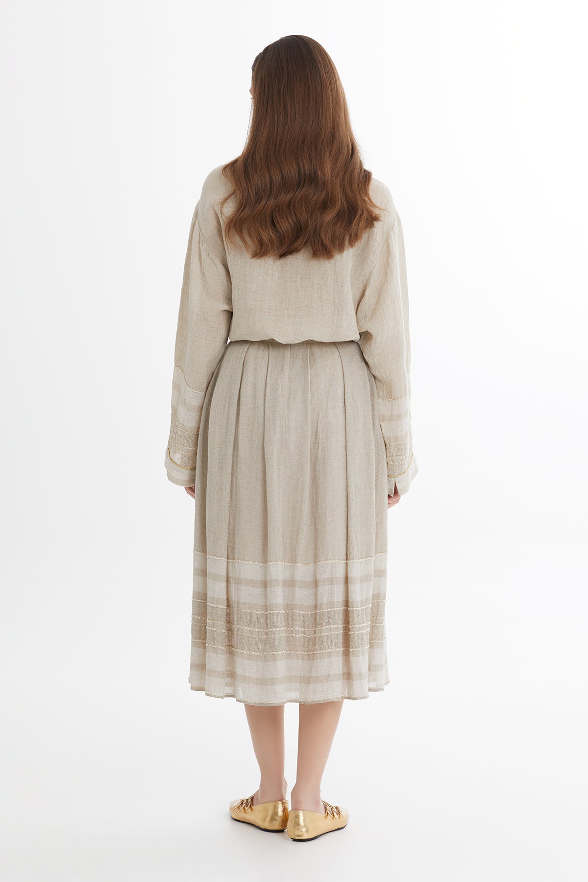 Çizgi Desenli Midi Bej Etek