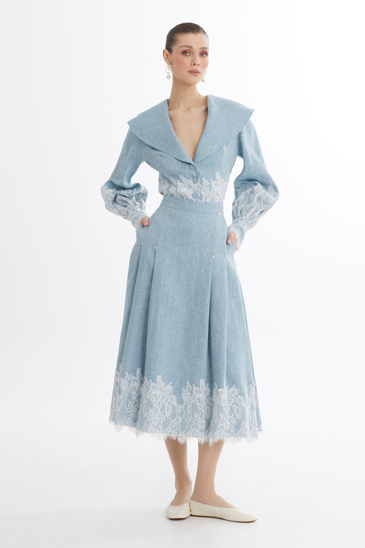 Şerit Dantel Detaylı Keten Midi Mavi Etek