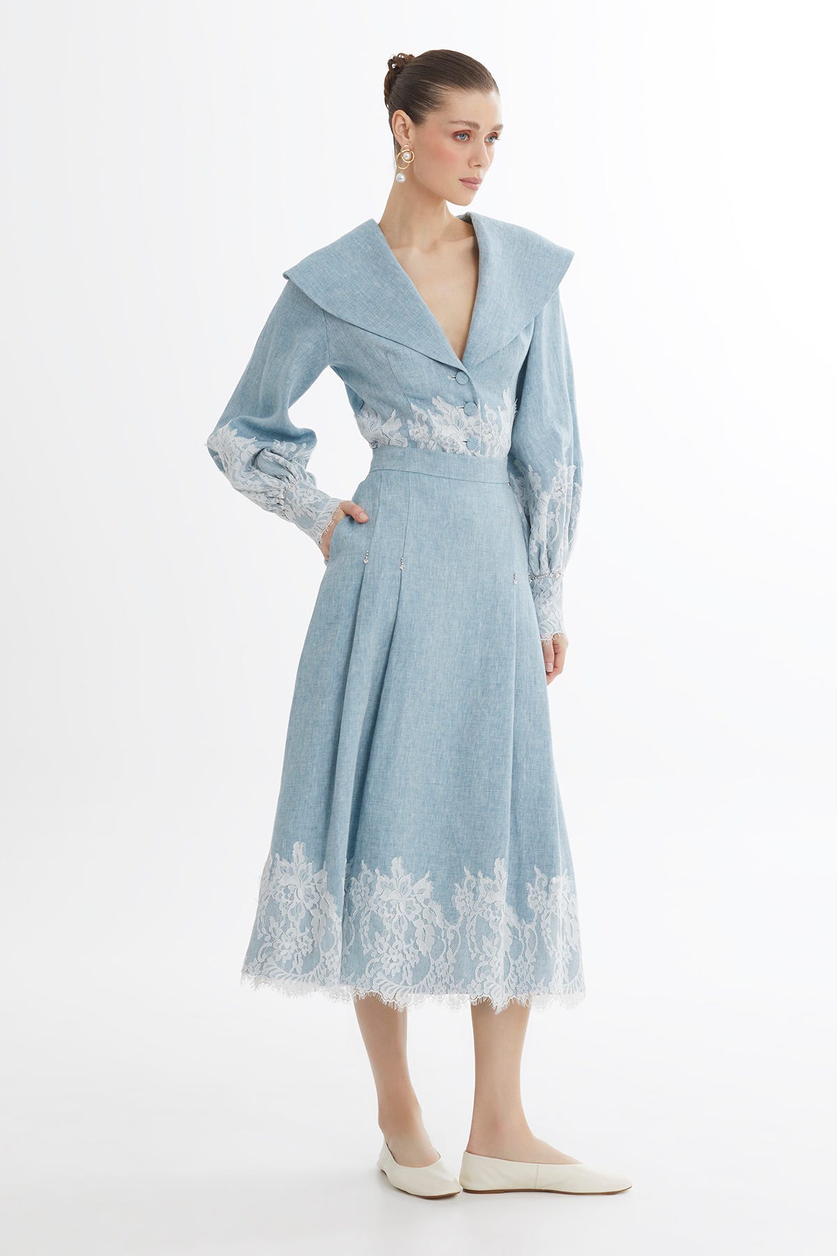 Şerit Dantel Detaylı Keten Midi Mavi Etek