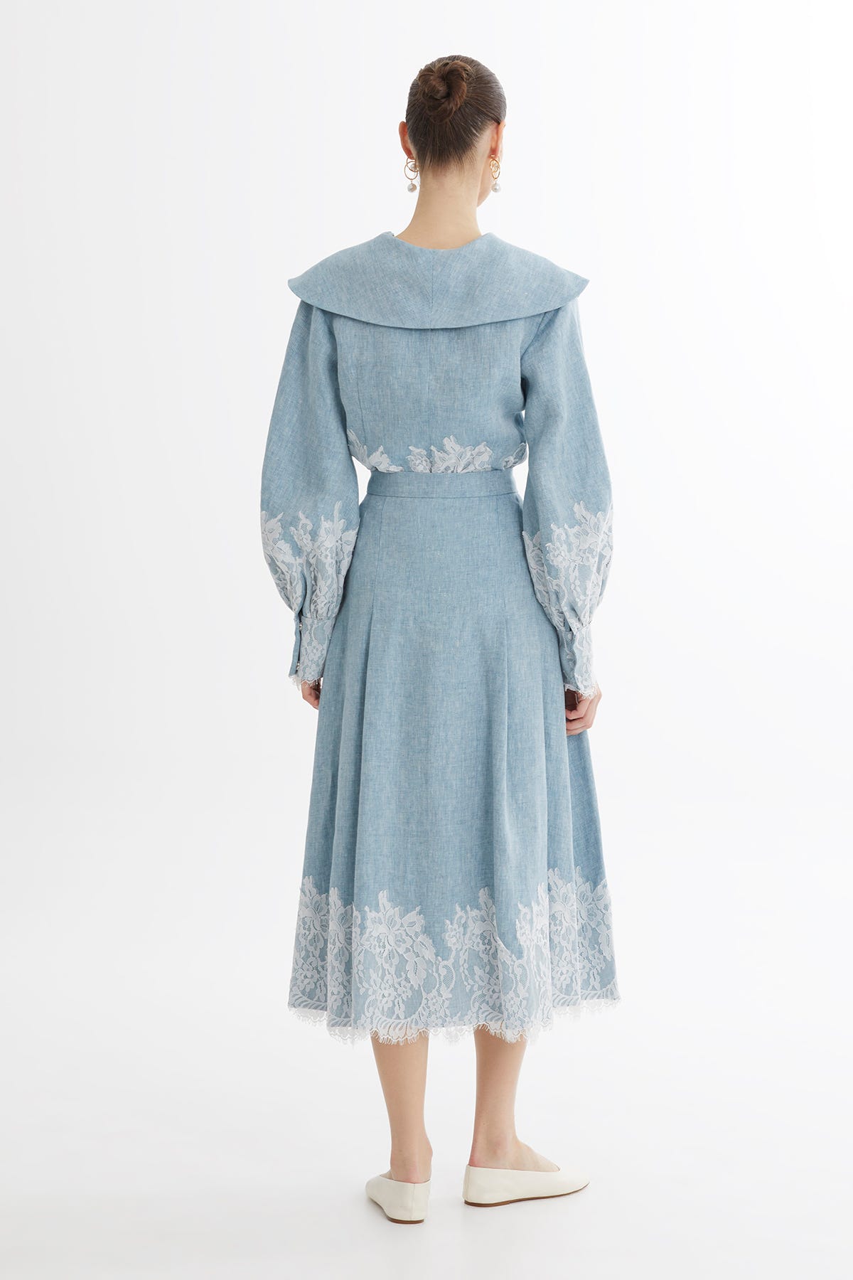 Şerit Dantel Detaylı Keten Midi Mavi Etek