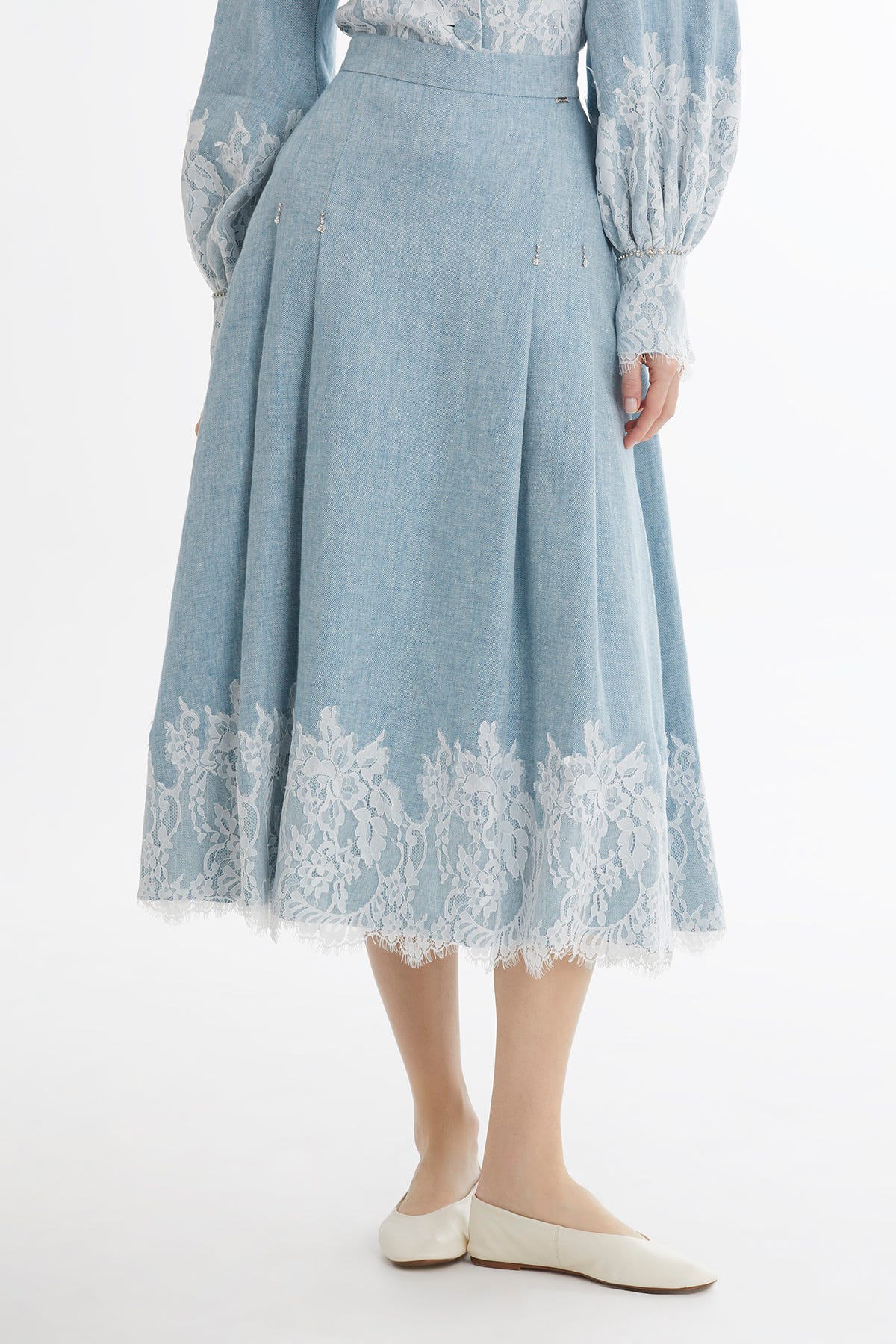 Şerit Dantel Detaylı Keten Midi Mavi Etek