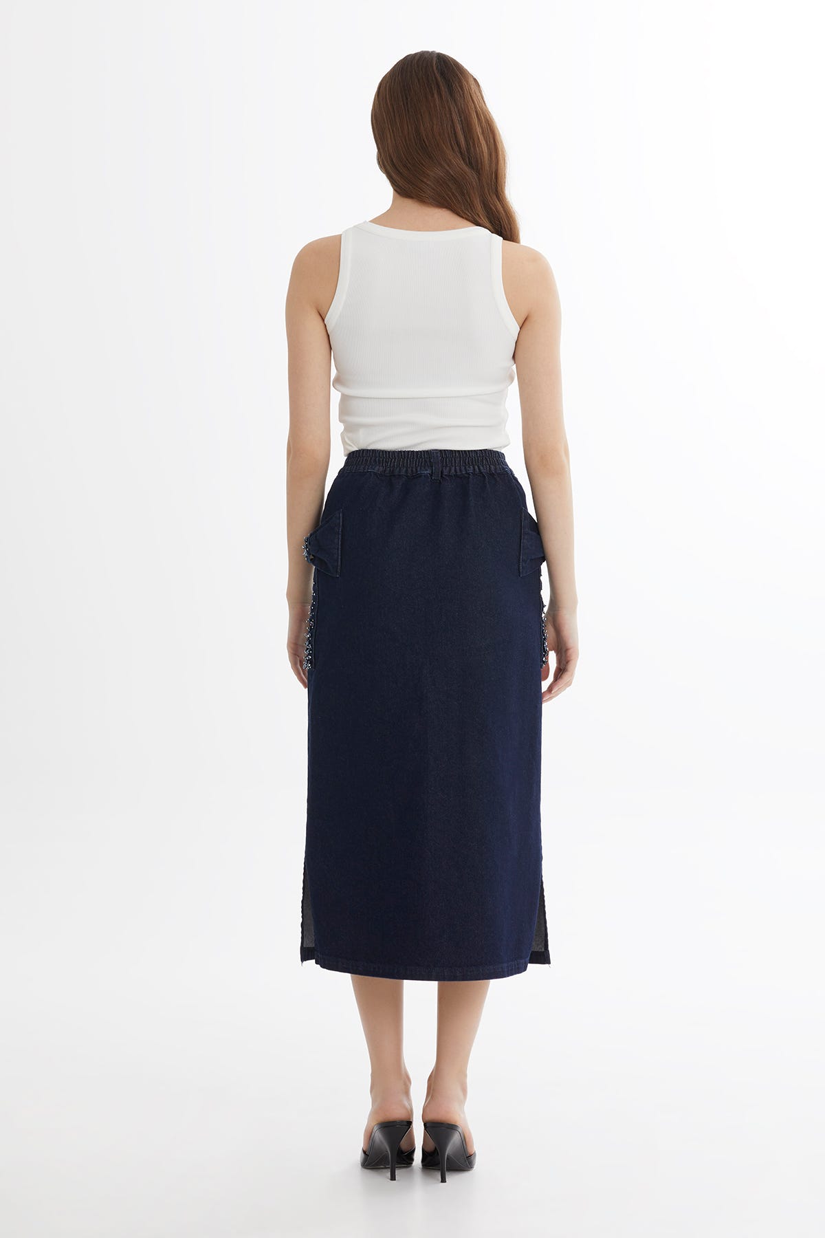 Fiyonklu İşlemeli Denim Midi Etek